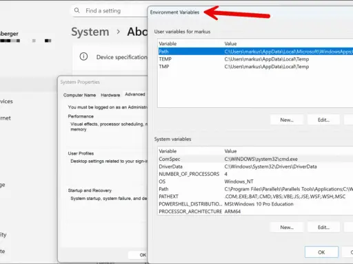 Fenster "Umgebungsvariablen" in Windows 11 zeigt Benutzer- und Systemvariablen an, z.B. den Pfad.