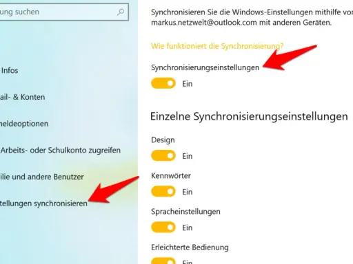 Windows-Einstellungen: "Einstellungen synchronisieren" ist aktiviert, um Ihre Daten auf anderen Geräten zu sichern.
