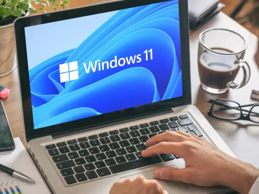 Mann tippt auf Laptop mit Windows 11. Ein netspeedmonitor könnte hier nützlich sein, um die Leistung zu prüfen.