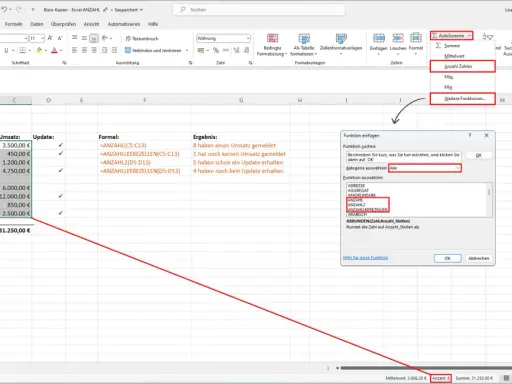 Excel-Tabelle mit Umsatzliste. Die Funktion ANZAHL wird gesucht, um die Anzahl der Einträge zu ermitteln.