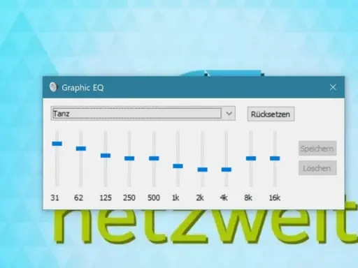 Grafischer Equalizer in Windows 10, eingestellt auf "Tanz". Regler für Frequenzen von 31 Hz bis 16 kHz.