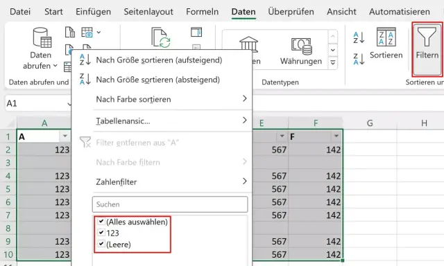 Excel-Filtermenü mit Optionen wie "Nach Größe sortieren", "Nach Farbe filtern" und "Zahlenfilter". Die Auswahl "(Leere)" ist markiert, was darauf hindeutet, dass die Tabelle leer ist.