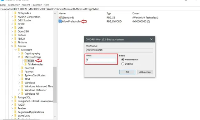 Registrierungs-Editor zeigt, wie man Microsoft Edge deaktivieren kann, indem man den Wert "AllowPrelaunch" auf 0 setzt.
