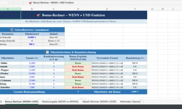 Excel-Tabelle zeigt Bonusberechnung für Mitarbeiter. Die excel wahl für den Bonus hängt von Umsatz und Kundenzufriedenheit ab.