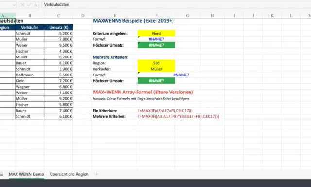 Excel-Tabelle mit Verkaufsdaten. Zeigt Beispiele für MAXWENN-Formeln, um den höchsten Umsatz nach Region und Verkäufer zu finden.