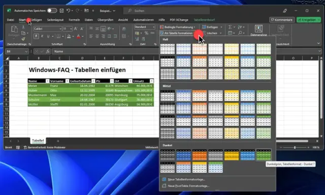 Excel-Tabelle mit Daten und Menü zur Formatierung. Die Auswahl "Als Tabelle formatieren" zeigt verschiedene Optionen für die Formatierung Excel.