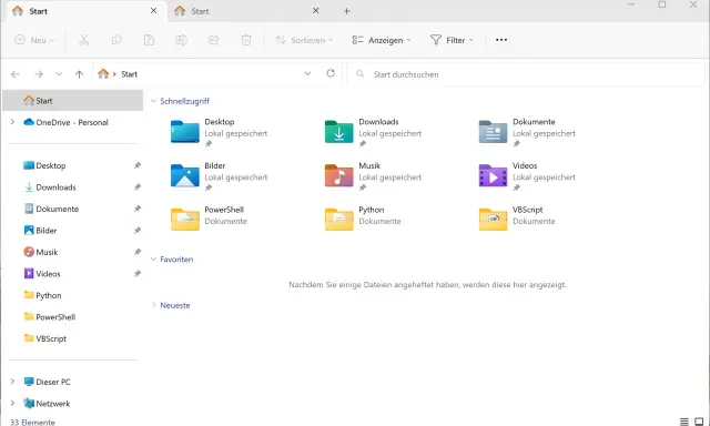 Fenster des Windows 11 Explorers mit Schnellzugriff auf Ordner wie Desktop, Downloads und Dokumente.