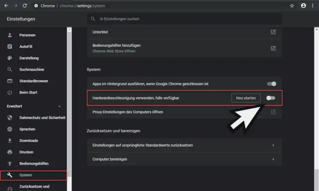 Chrome-Einstellungen: Hardwarebeschleunigung deaktivieren. Der Schalter ist aktiv, "Neu starten" wird angezeigt.