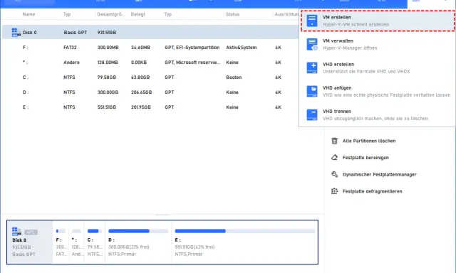 AOMEI Partition Assistant zeigt Optionen zur Verwaltung von virtuellen Maschinen, einschließlich "VM erstellen" für eine virtuelle Maschine Windows 10.