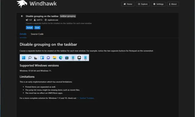 Windhawk-Tool für Windows 11: Deaktiviert Gruppierung auf der Taskleiste, zeigt separate Fenster an.
