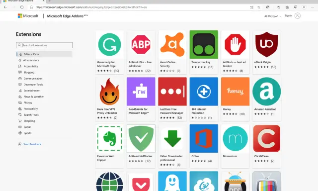 Microsoft Edge Addons-Seite mit vielen Erweiterungen wie Grammarly, AdBlock und Honey.