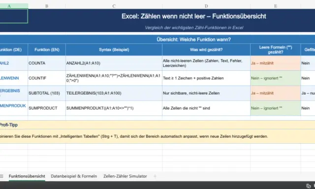 Excel-Tabelle vergleicht Funktionen wie ANZAHL2, ZÄHLENWENN, TEILERGEBNIS, SUMMENPRODUKT, um zu zeigen, welche Zellen gezählt werden.