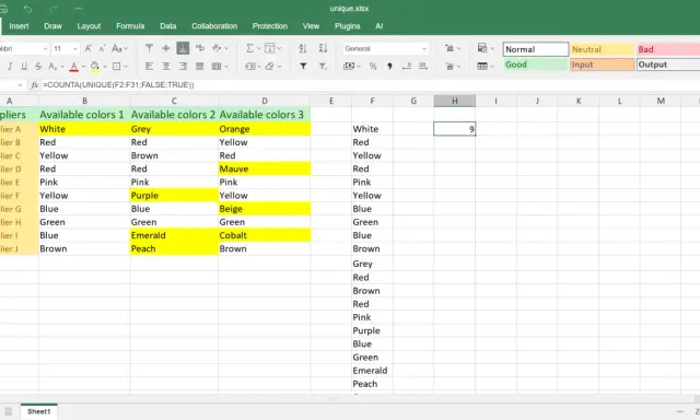 Ein **unique Excel** Arbeitsblatt zeigt Lieferanten und deren verfügbare Farben. Eine Formel zählt die einzigartigen Farben.