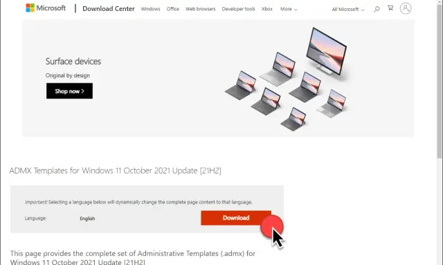 Download-Seite für ADMX Templates für Windows 11. Hier gibt es die administrativen Vorlagen (.admx) für das Oktober 2021 Update.