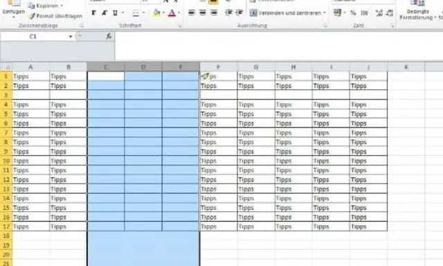 Excel-Tabelle mit vielen Zellen, die "Tipps" enthalten. Ein Bereich ist blau hervorgehoben, was auf eine Auswahl oder Formatierung hindeutet.