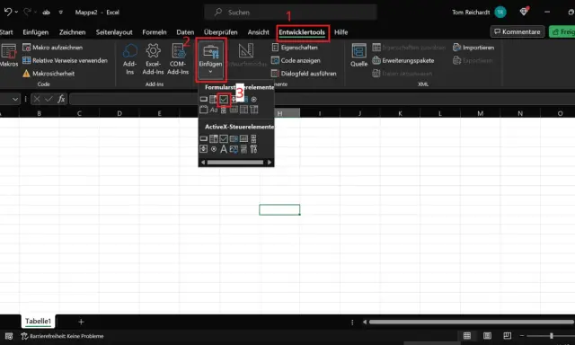 Excel: Im Menü "Entwicklertools" wird ein Dropdown für "Einfügen" geöffnet, das ein Excel ankreuzfeld zeigt.