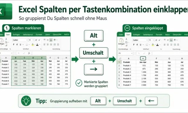 Excel-Tabelle: Spalten markieren, dann Alt+Umschalt+Pfeil rechts für eine Excel Gliederung erstellen.