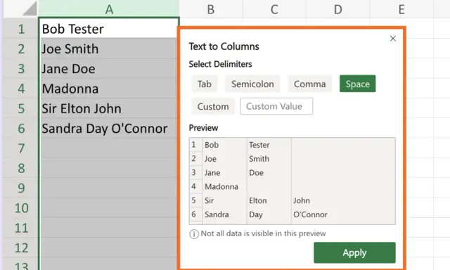 Excel: Zelle teilen nach Leerzeichen. Der Dialog "Text in Spalten" zeigt die Vorschau, wie Namen aufgeteilt werden.