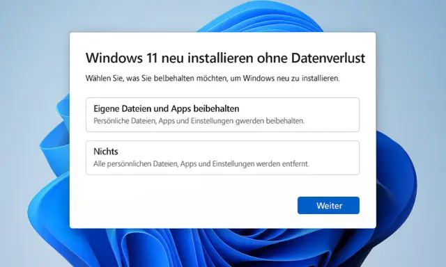 Fenster mit Optionen zur Neuinstallation von Windows 11. Man kann wählen, ob eigene Dateien und Apps beibehalten oder alles gelöscht werden soll. Dies ist ein Schritt, um einen Windows-Neustart zu erzwingen.