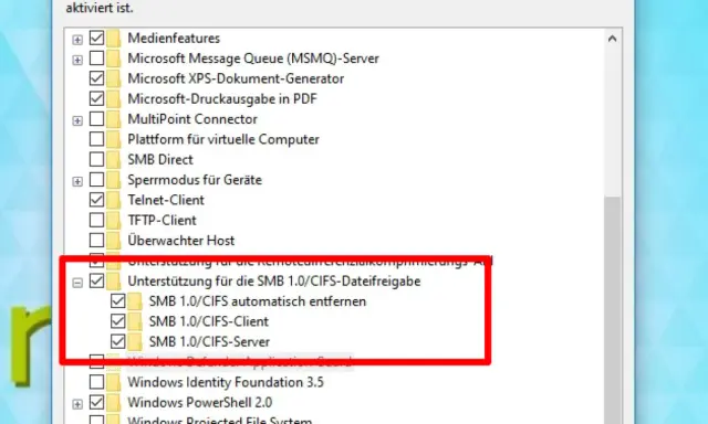 Windows 11: SMB 1.0/CIFS-Unterstützung aktivieren für Dateifreigaben. Hier werden die Optionen für SMB 1.0/CIFS-Client und -Server angezeigt.