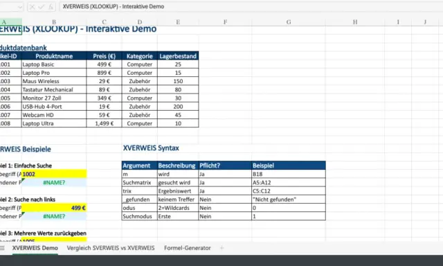 Excel-Tabelle zeigt XVERWEIS (XLOOKUP) mit Produktdatenbank und Beispielen. Suchbegriffe wie "1002" und "499 €" werden demonstriert.