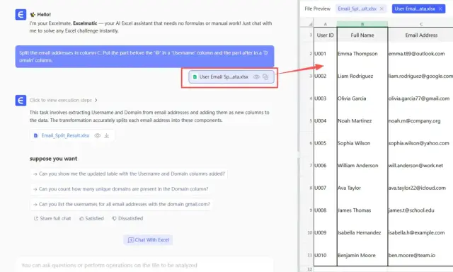 Excel-Assistent teilt E-Mail-Adressen auf, um Benutzernamen und Domains zu extrahieren.