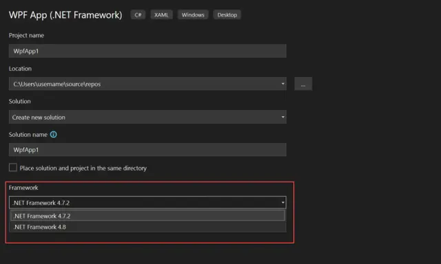 Konfiguration eines neuen WPF-Projekts. Auswahl des .NET Framework 4.8 als Ziel.