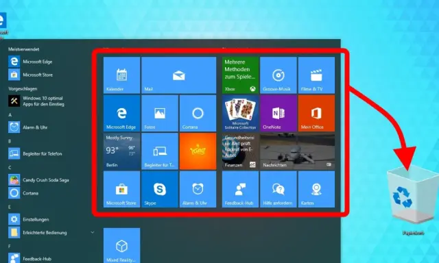 Windows 11: Startmenü mit Apps, die man deaktivieren kann. Ein Pfeil zeigt auf den Papierkorb.