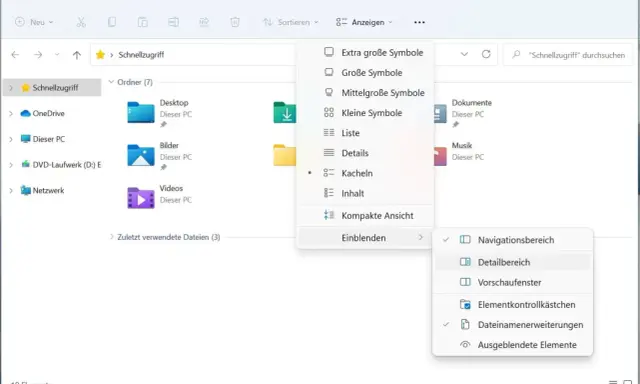 Windows 11 Explorer: Favoriten anzeigen. Menü "Anzeigen" öffnet Optionen für Ansicht, Details und Einblendung von Elementen wie Navigations- und Detailbereich.