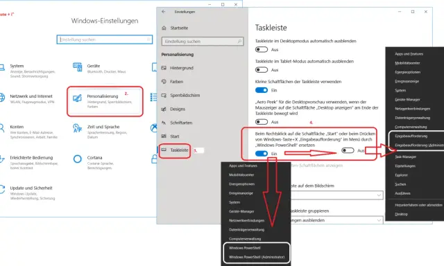 Windows-Einstellungen: Taskleiste. Rechtsklick auf "Start" oder Win+X ersetzt "Eingabeaufforderung" durch "Windows PowerShell (Administrator)".