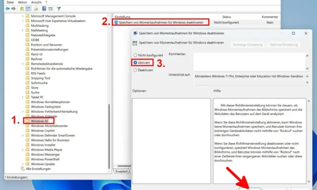 Windows 11 Recall deaktivieren: Richtlinie "Speichern von Momentaufnahmen für Windows deaktivieren" aktivieren.