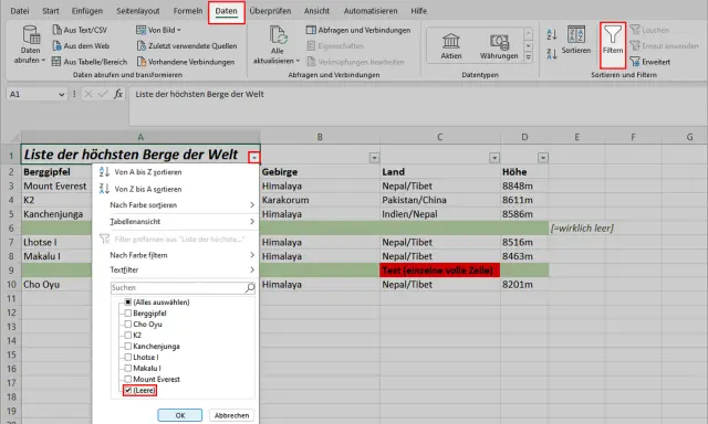 Excel-Tabelle mit gefilterten Daten, die leere Zellen in der Spalte "Höhe" hervorhebt. Die Funktion "Filter" ist aktiv.