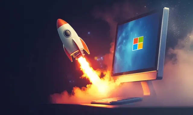 Rakete startet von einem Computerbildschirm mit Windows-Logo. Symbolisiert schnellen Windows Autostart.