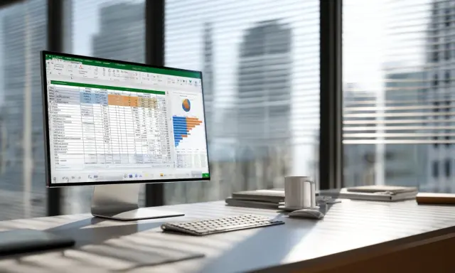 Ein Schreibtisch mit einem Monitor, auf dem eine Excel-Tabelle mit Diagrammen angezeigt wird. Hier kann man das excel vorzeichen umkehren, um Daten zu analysieren.