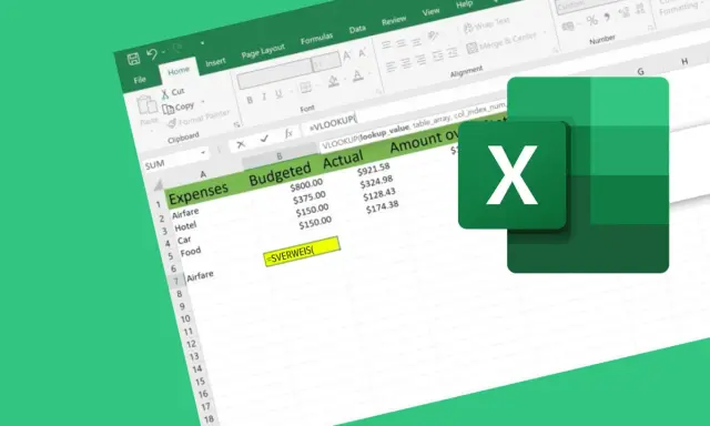 Excel-Tabelle mit Ausgaben und Budget. Eine Zelle zeigt die Formel "=SVERWEIS(" an, was auf einen sverweis datum-bezogenen Abruf hindeutet.