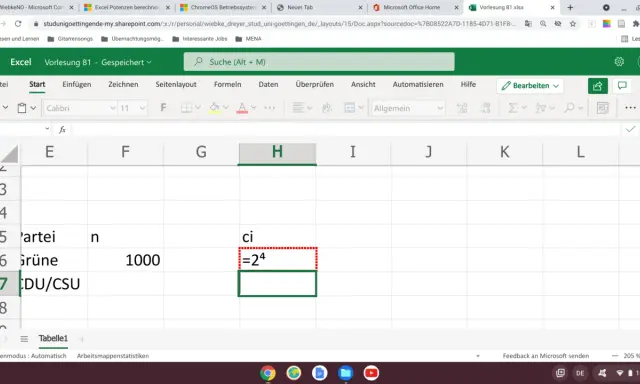 Excel-Tabelle zeigt die Berechnung von excel potenz: =2^4.