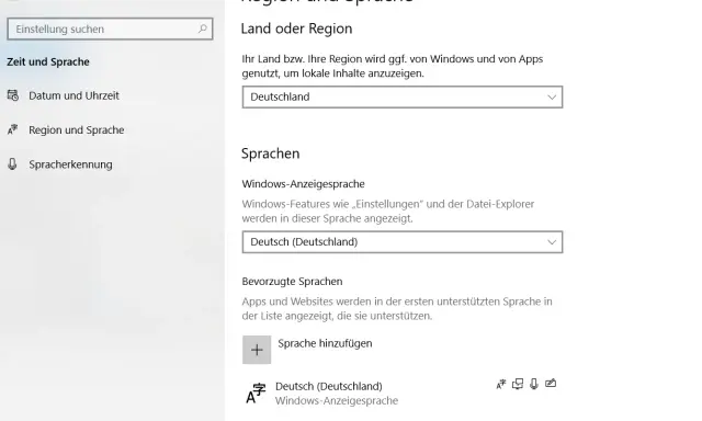 Windows-Einstellungen: Region und Sprache auf Deutsch umstellen. Das Land ist Deutschland, die Anzeigesprache ist Deutsch.
