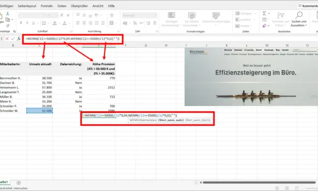 Excel-Formel mit verschachteltem WENN-Wahrheitstest zur Provisionsberechnung.