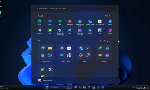 Das Windows 11 Startmenü zeigt angepinnte Apps wie Edge und Word, sowie Kategorien wie Produktivität und Kreativität.