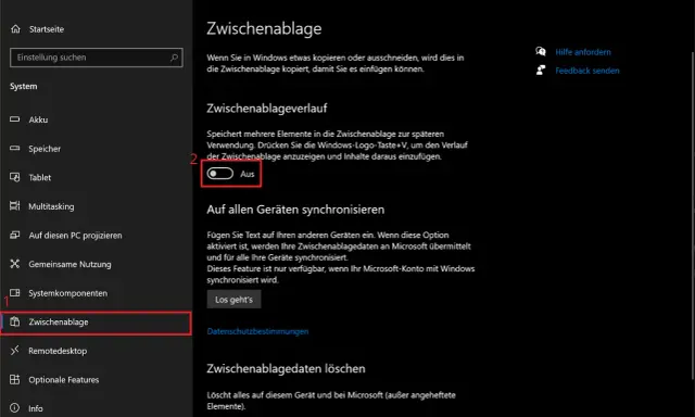 Windows-Einstellungen: Zwischenablage anzeigen. Der Verlauf ist deaktiviert.