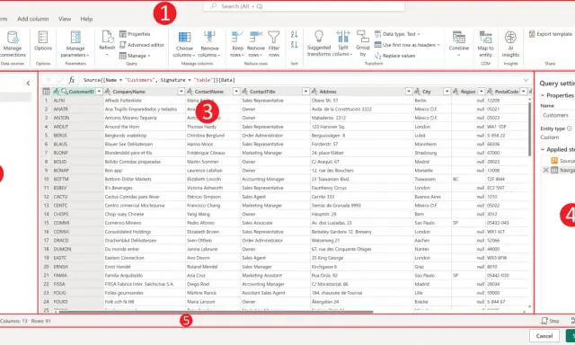 Im Power Query Editor werden Kundendaten angezeigt, mit Spalten wie Firmenname und Stadt.