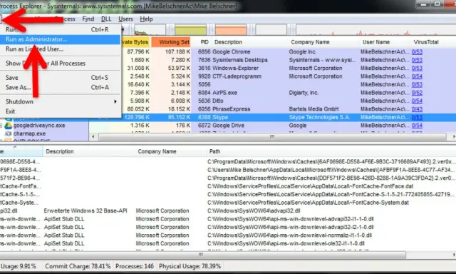 Process Explorer zeigt laufende Prozesse an. Das Menü "Datei" ist geöffnet und "Als Administrator ausführen" ist ausgewählt.