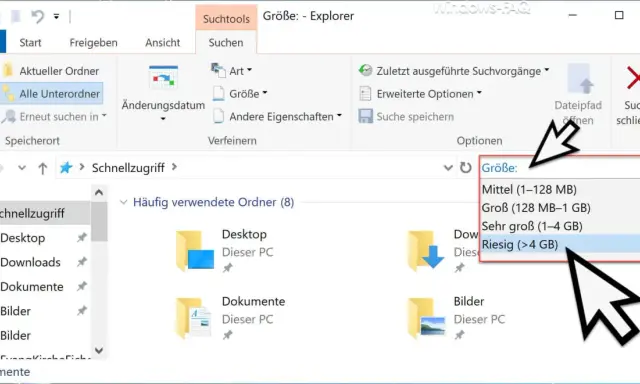 Der Windows Explorer zeigt die Suche nach "Riesig (>4 GB)" an. So kann man große Dateien finden.