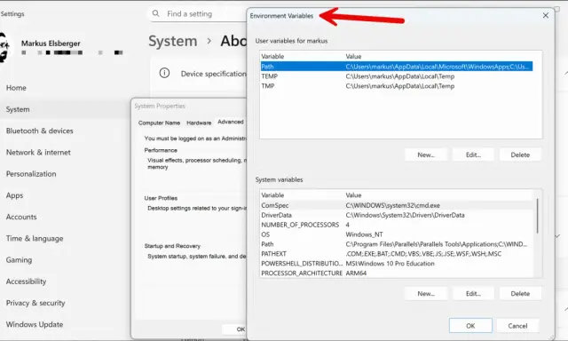 Fenster "Umgebungsvariablen" in Windows 11 zeigt Benutzer- und Systemvariablen an, z.B. den Pfad.