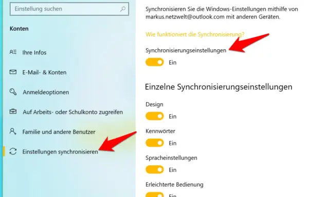 Windows-Einstellungen: "Einstellungen synchronisieren" ist aktiviert, um Ihre Daten auf anderen Geräten zu sichern.