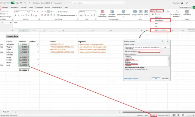 Excel-Tabelle mit Umsatzliste. Die Funktion ANZAHL wird gesucht, um die Anzahl der Einträge zu ermitteln.