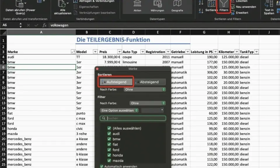 Excel-Tabelle mit Autos, die nach Marke sortiert werden. Die Option "Aufsteigend" für das **excel teilergebnis** ist ausgewählt.