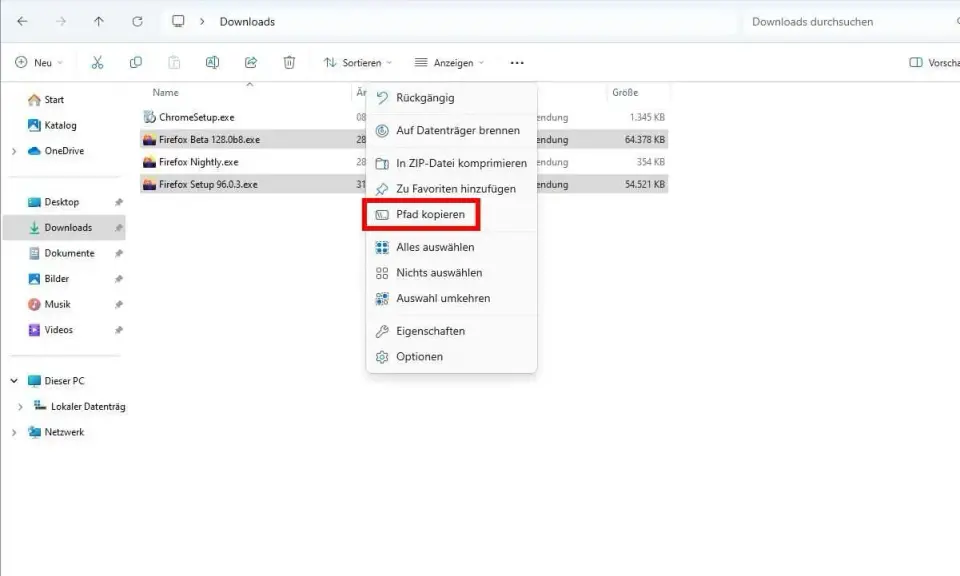 Im Download-Ordner wird der Pfad kopiert. Die Option "Pfad kopieren" ist ausgewählt.