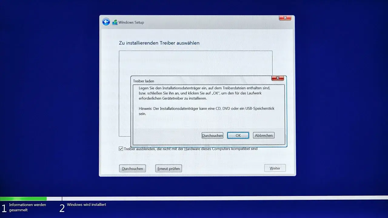 Windows Setup: Zu installierenden Treiber auswählen. Ein Fenster zeigt, dass ein Treiber für die Windows 11 Installation fehlt.