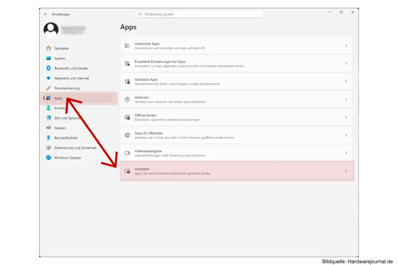 Windows-Einstellungen: Apps-Bereich, mit hervorgehobenem Men&uuml;punkt 